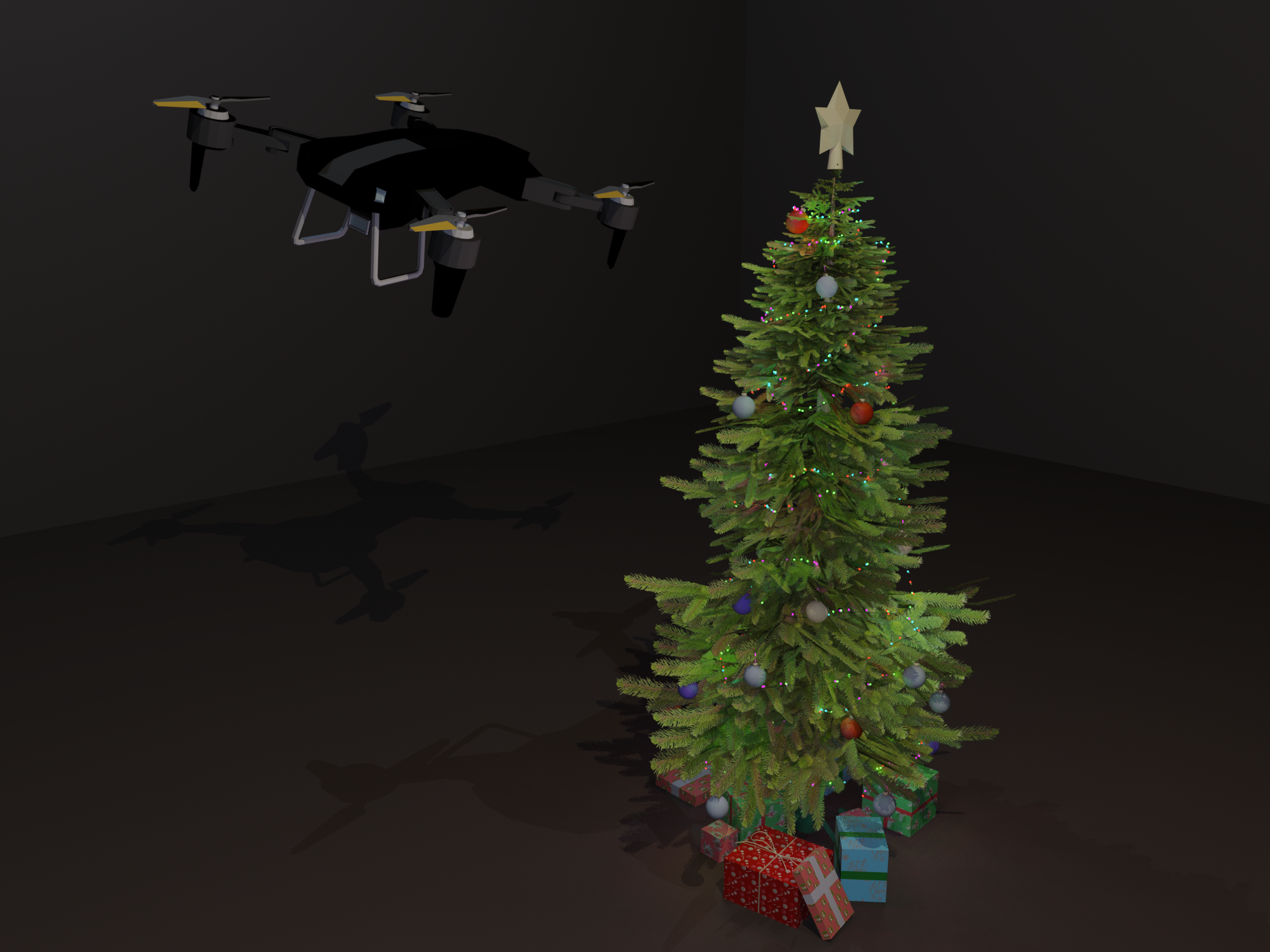 Christmas tree with glowing decorations and drone
