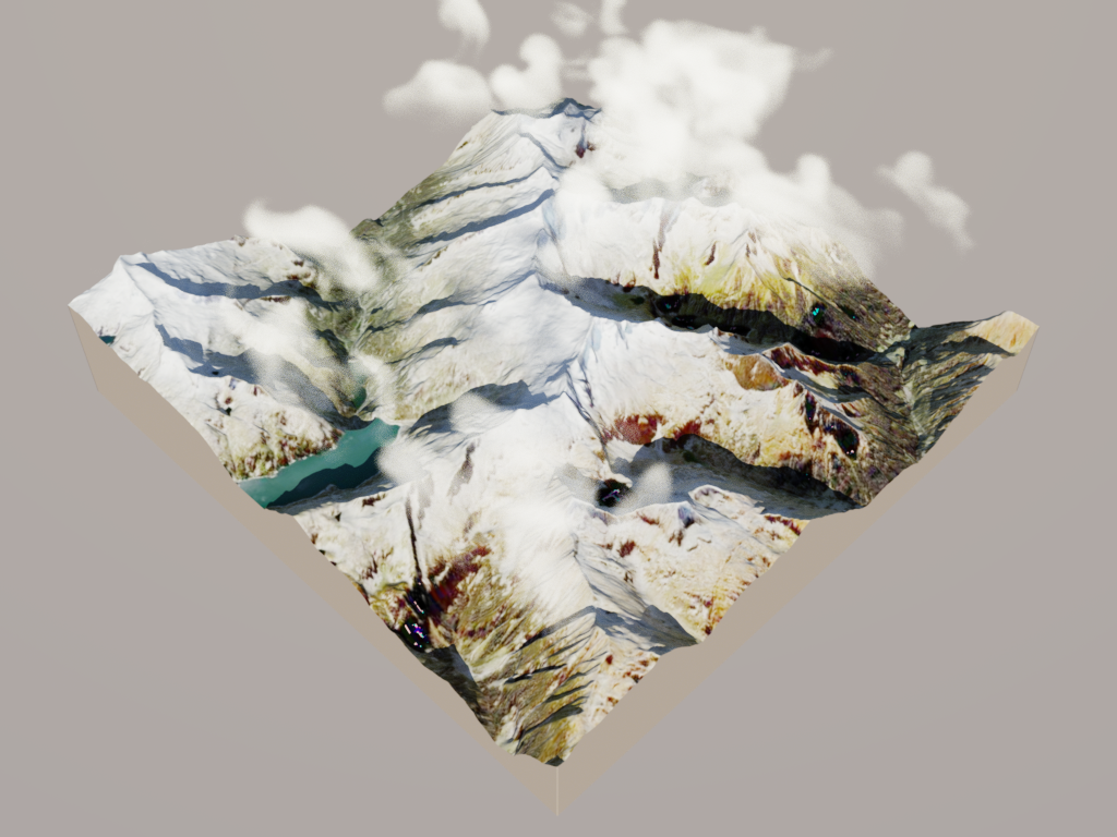 Alpine terrain with volumetric clouds